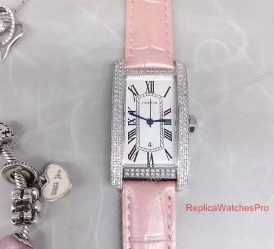 Replica Cartier Tank Stainless Steel Diamond Bezel White Face Pink Leather Band Watch
